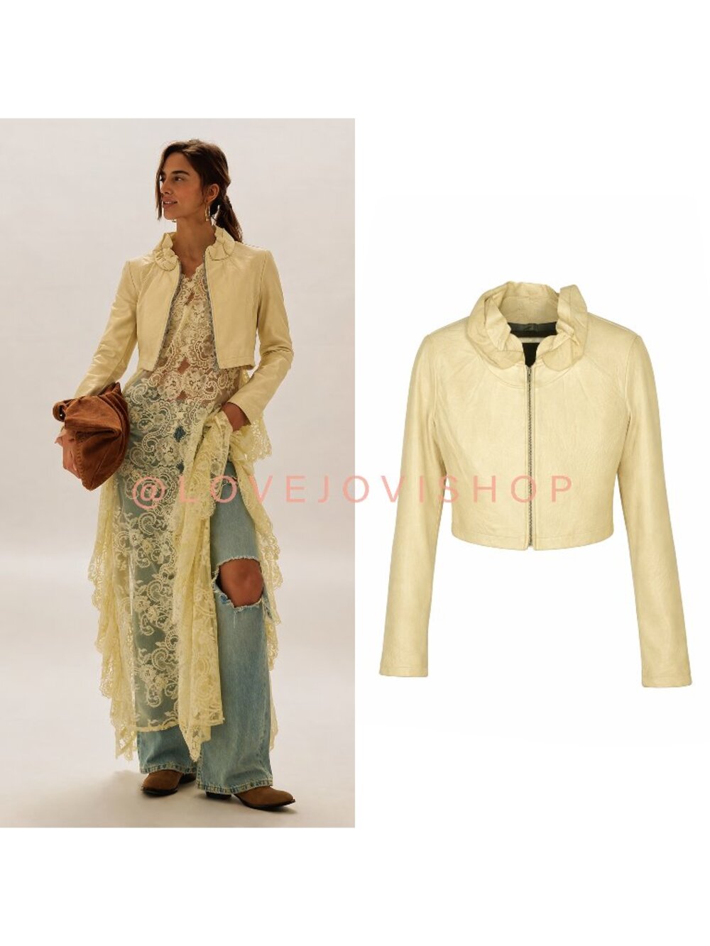 90s Vintage | **RARE** Couture Podoll Cropped Leather Jacket Butter Yellow | M